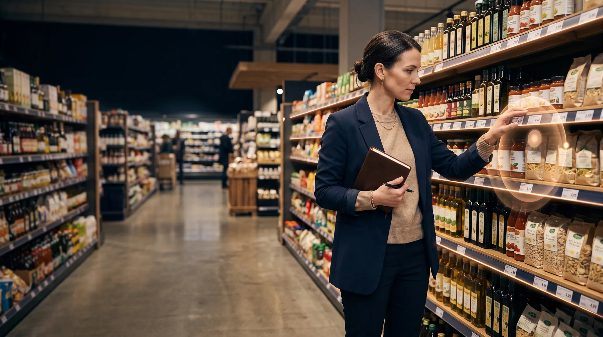 Eine Managerin prüft das Warenregal im Supermarkt