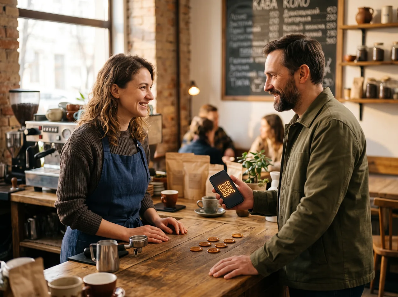 Café-Inhaberin und Stammgast nutzen die digitale Treuekarte