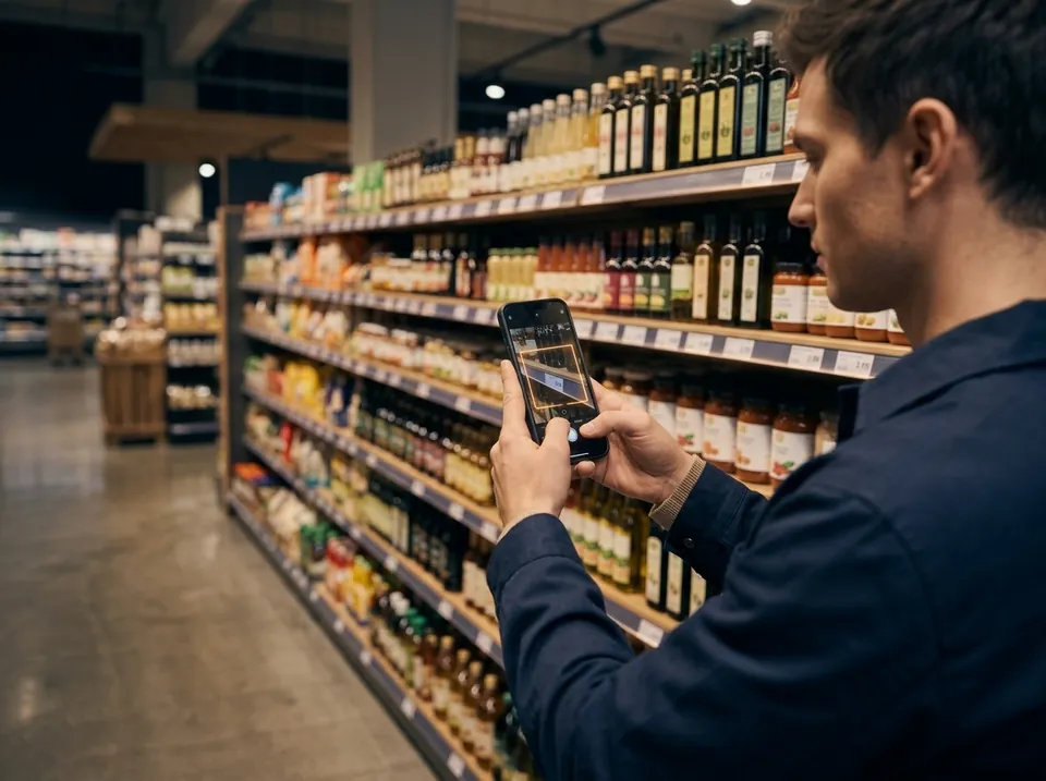 Ein Merchandiser fotografiert das Preisschild im Regal mit dem Smartphone