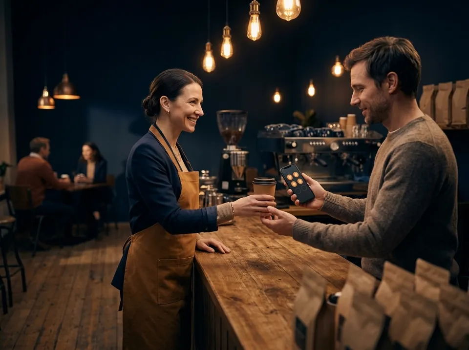 Eine Café-Inhaberin begrüßt einen Stammgast mit digitaler Treuekarte