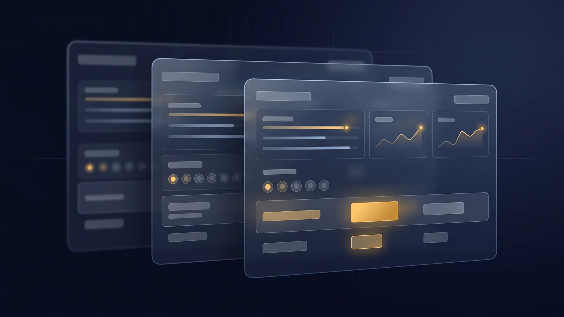 Layered translucent dashboard panels showing abstracted price-comparison rows, retailer indicator chips and trend sparklines, with warm amber highlights on key data points