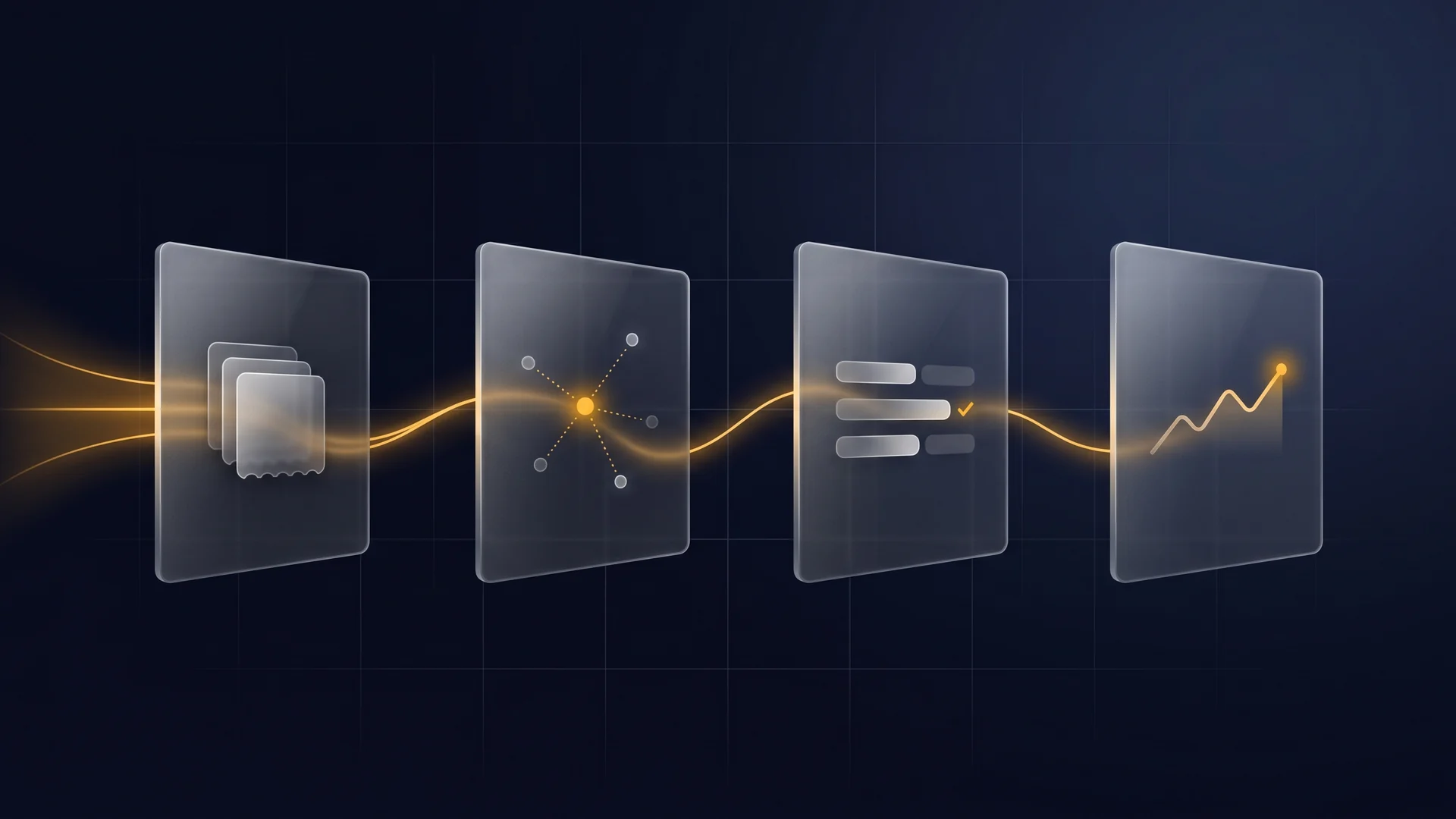 Four glass cards arranged left to right, depicting the four methodology stages — receipts collected, products matched, prices verified, and a rising trend chart delivered — connected by flowing amber light beams