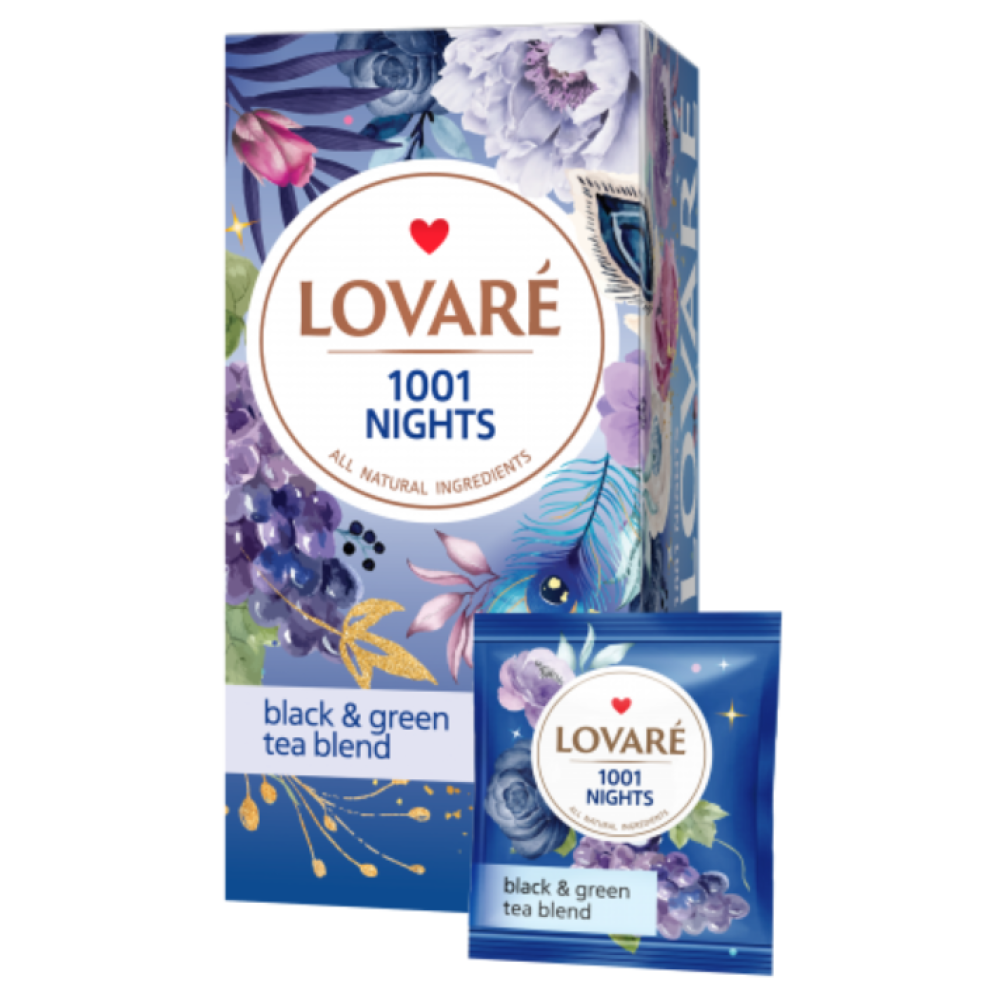 Tēja Lovare 1001 Nights melnās un zaļās tējas maisījums ar vīnogu aromātu 24x2g